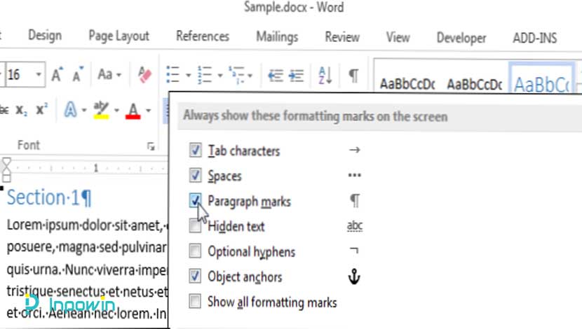 cara menampilkan karakter tidak tercetak (Non-Printing Characters) dokumen Microsoft Word