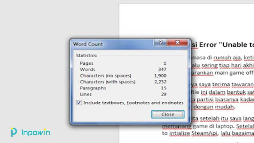 cara menyisipkan hitungan kata (Word Count) dokumen Microsoft Word